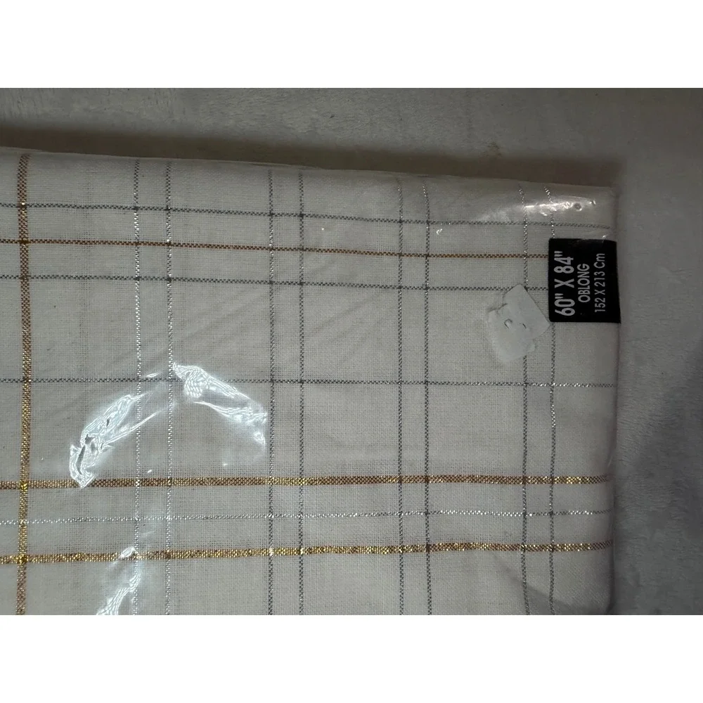 Newport Home Collections White Plaid Tablecloth Gold Silver Metallic 60x84